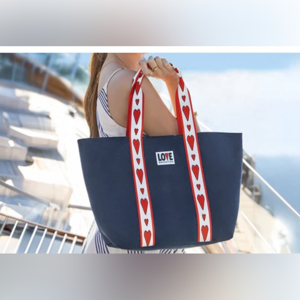 Brighton Velveteen Love Tote Bag in Navy Blue with Red and White Straps
